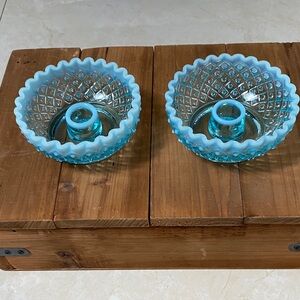 Vintage Pair of Blue Fenton Opalescent Candle Holders